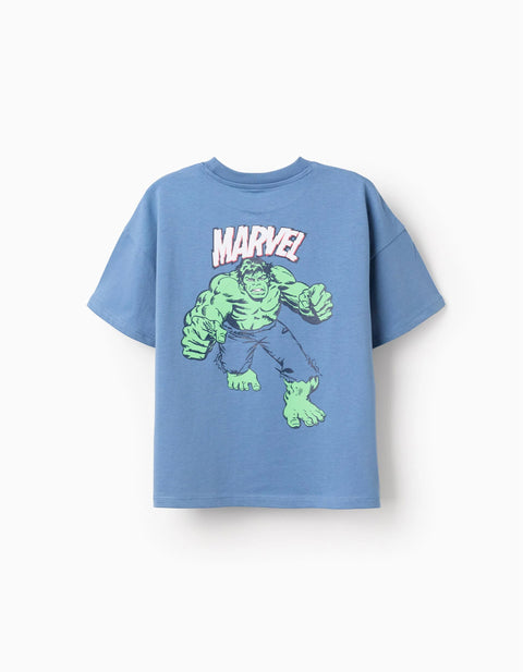Cotton T-Shirt with Hulk Prints for Boys, Blue