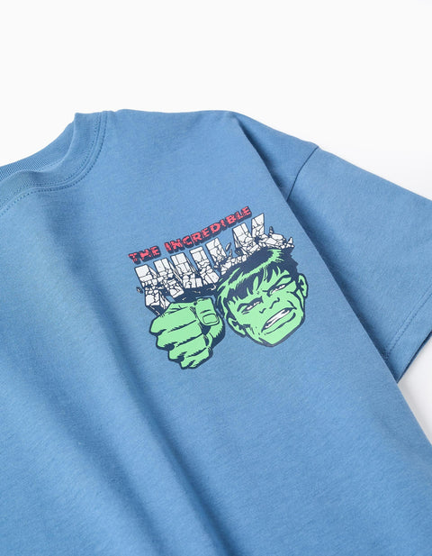 Cotton T-Shirt with Hulk Prints for Boys, Blue