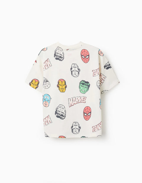Cotton T-Shirt with Marvel Heroes Motif for Boys, White