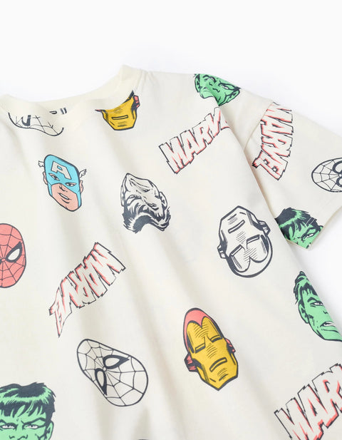 Cotton T-Shirt with Marvel Heroes Motif for Boys, White