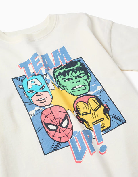 Cotton T-Shirt and Shorts Set with Avengers Print for Boys, White/Blue