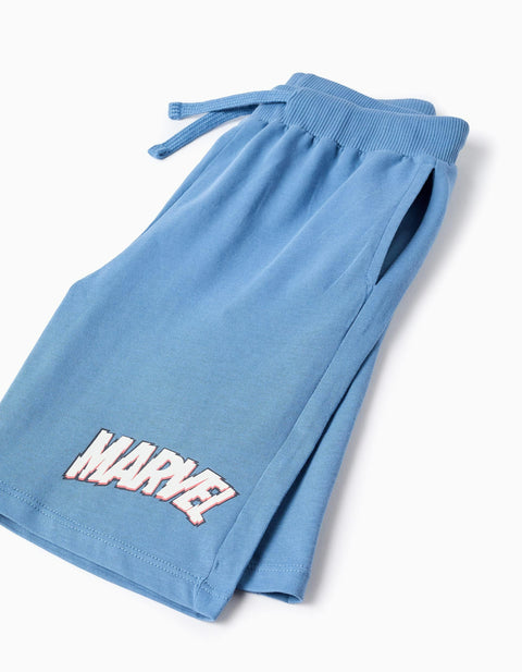 Cotton T-Shirt and Shorts Set with Avengers Print for Boys, White/Blue