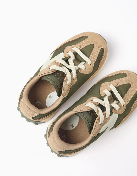 Dual-Fabric Trainers with Laces Superlight Runner for Baby Boys, Green/Beige