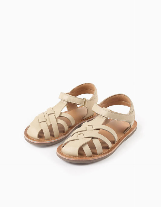Leather Fisherman Sandals with Crossed Straps for Girls, Beige