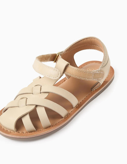 Leather Fisherman Sandals with Crossed Straps for Girls, Beige