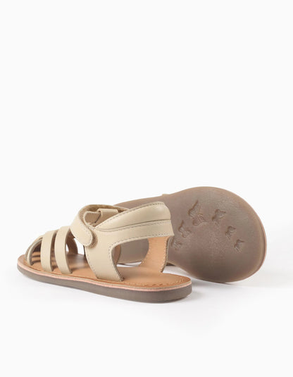 Leather Fisherman Sandals with Crossed Straps for Girls, Beige