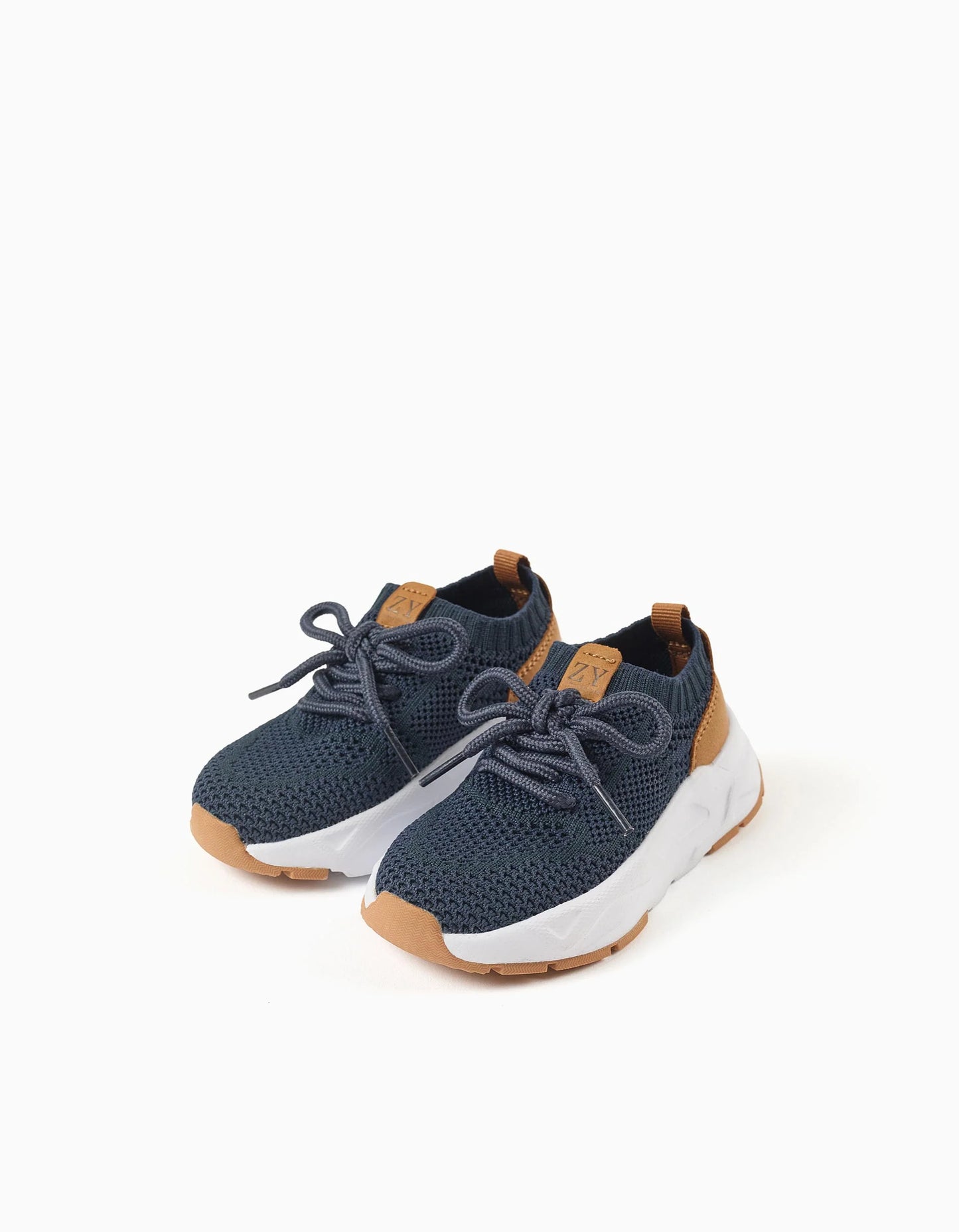 Flyknit trainers with laces for baby boys, dark blue/camel