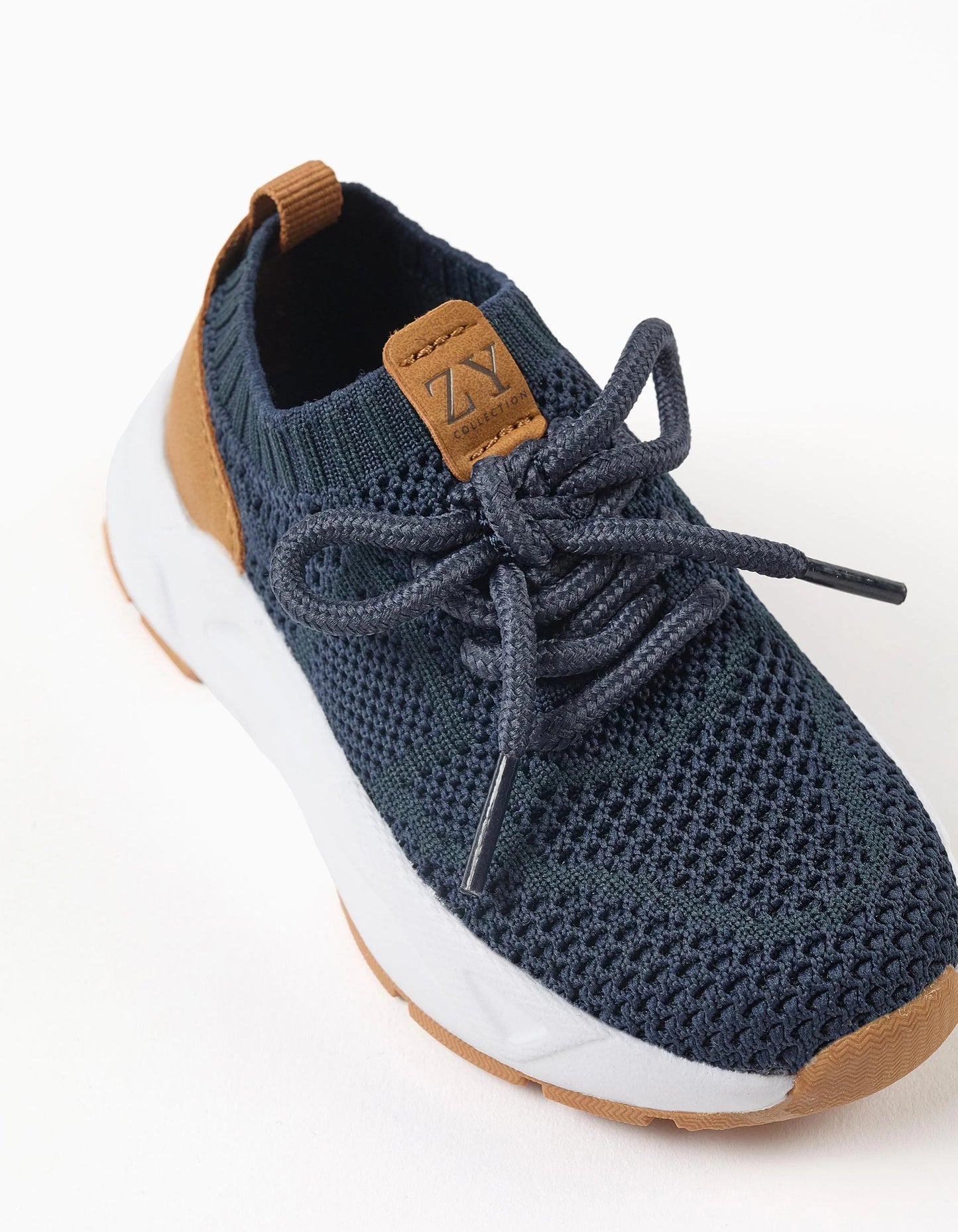 Flyknit trainers with laces for baby boys, dark blue/camel