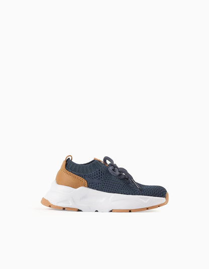 Flyknit trainers with laces for baby boys, dark blue/camel