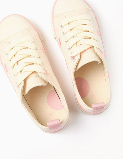 Canvas Trainers with Embroidered Floral Motif for Girls, Light Beige