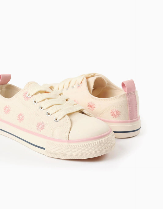 Canvas Trainers with Embroidered Floral Motif for Girls, Light Beige