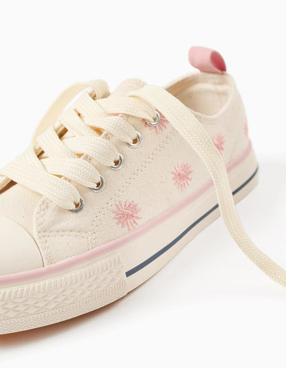 Canvas Trainers with Embroidered Floral Motif for Girls, Light Beige