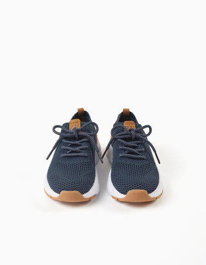 Flyknit trainers with laces for boys, dark blue/camel
