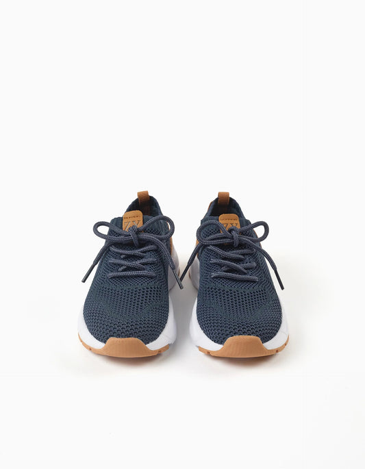 Flyknit trainers with laces for boys, dark blue/camel