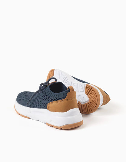 Flyknit trainers with laces for boys, dark blue/camel