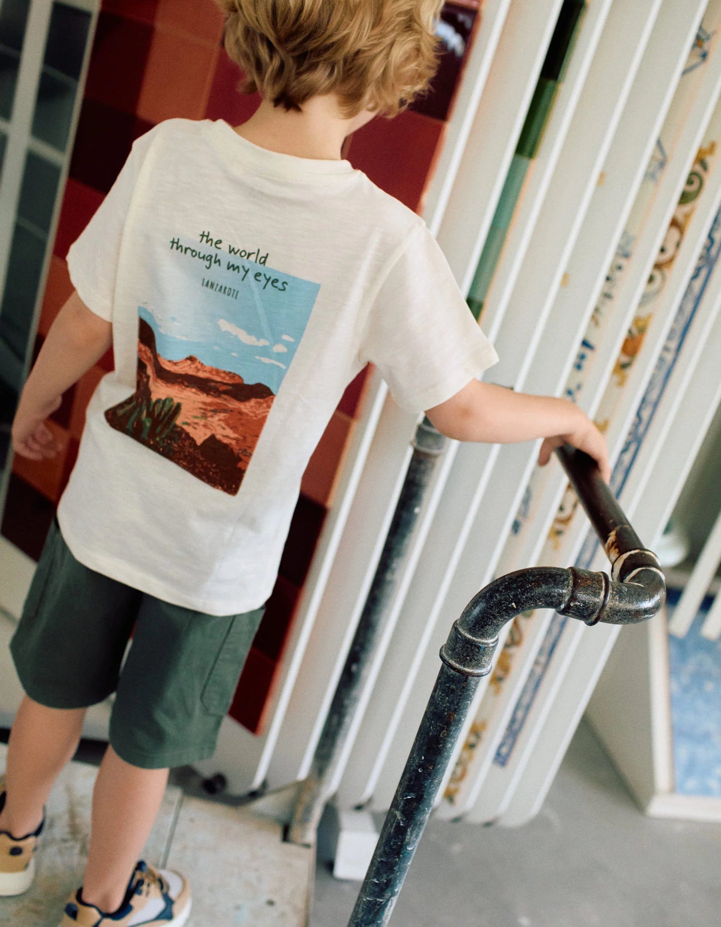 Cotton T-shirt with Lanzarote prints for boys, light beige