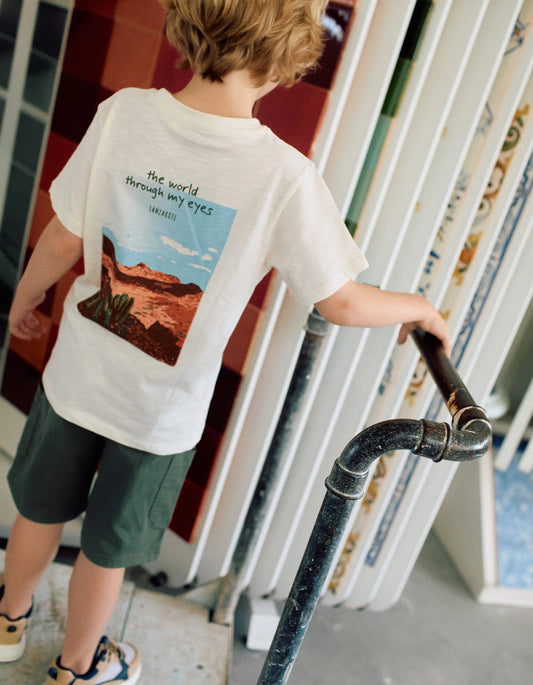 Cotton T-shirt with Lanzarote prints for boys, light beige