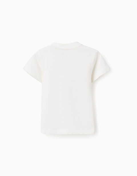Cotton T-Shirt with Sculpture Front Print for Baby Boys, White