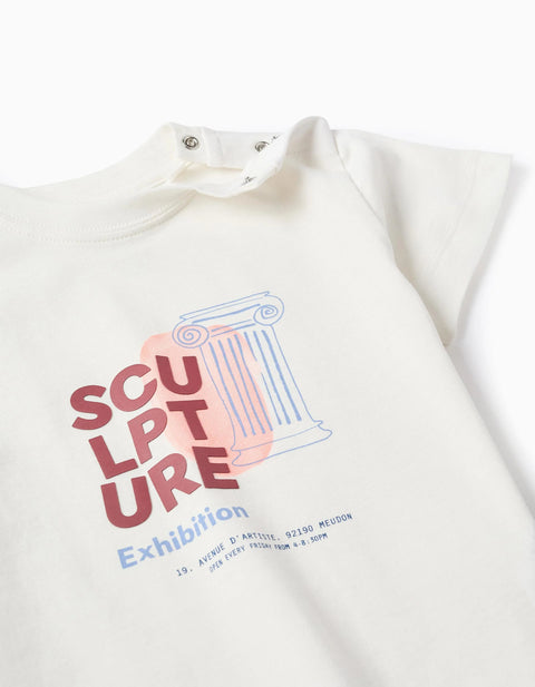 Cotton T-Shirt with Sculpture Front Print for Baby Boys, White