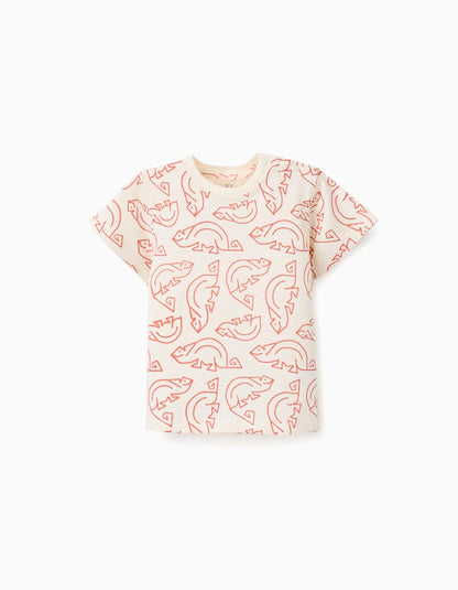 Cotton T-shirt with chameleon motif for baby boys, light beige/orange