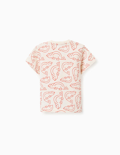 Cotton T-shirt with chameleon motif for baby boys, light beige/orange