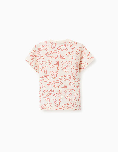 Cotton T-shirt with chameleon motif for baby boys, light beige/orange