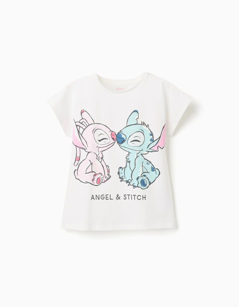 Cotton T-Shirt with Stitch and Angel Print for Girls, White
