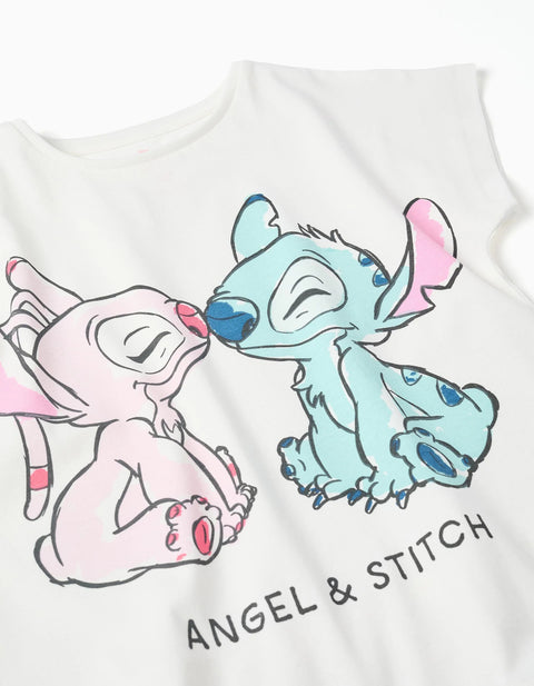 Cotton T-Shirt with Stitch and Angel Print for Girls, White