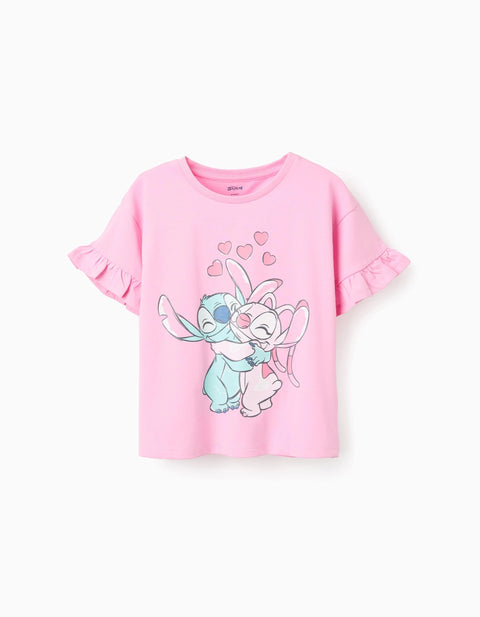 Cotton T-Shirt with Stitch and Angel Print and Ruffles for Girls, Pink