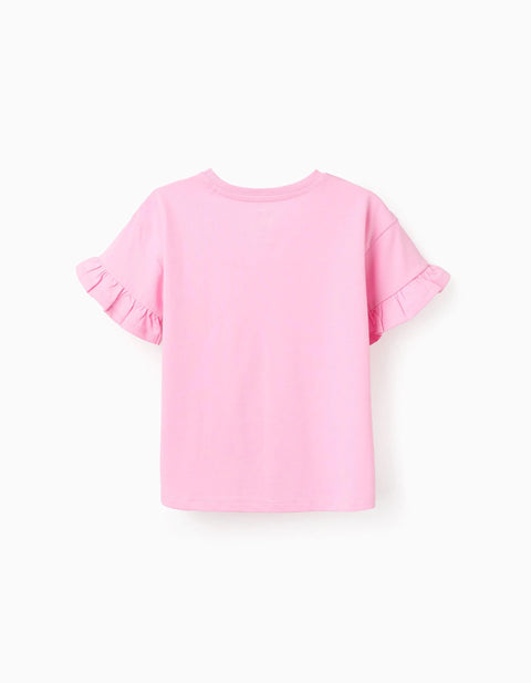 Cotton T-Shirt with Stitch and Angel Print and Ruffles for Girls, Pink