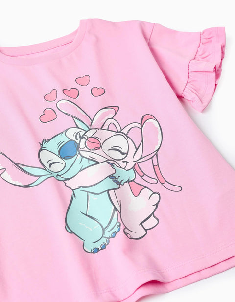Cotton T-Shirt with Stitch and Angel Print and Ruffles for Girls, Pink