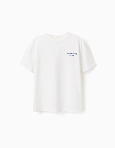 Cotton T-Shirt with Creativity Prints for Boys, White