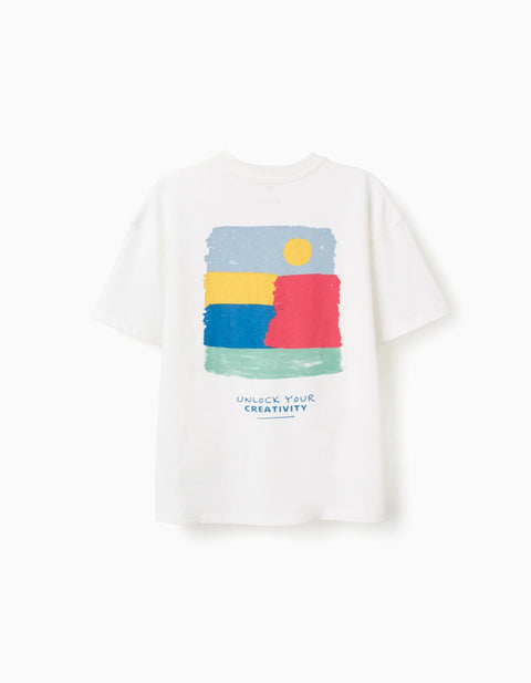 Cotton T-Shirt with Creativity Prints for Boys, White