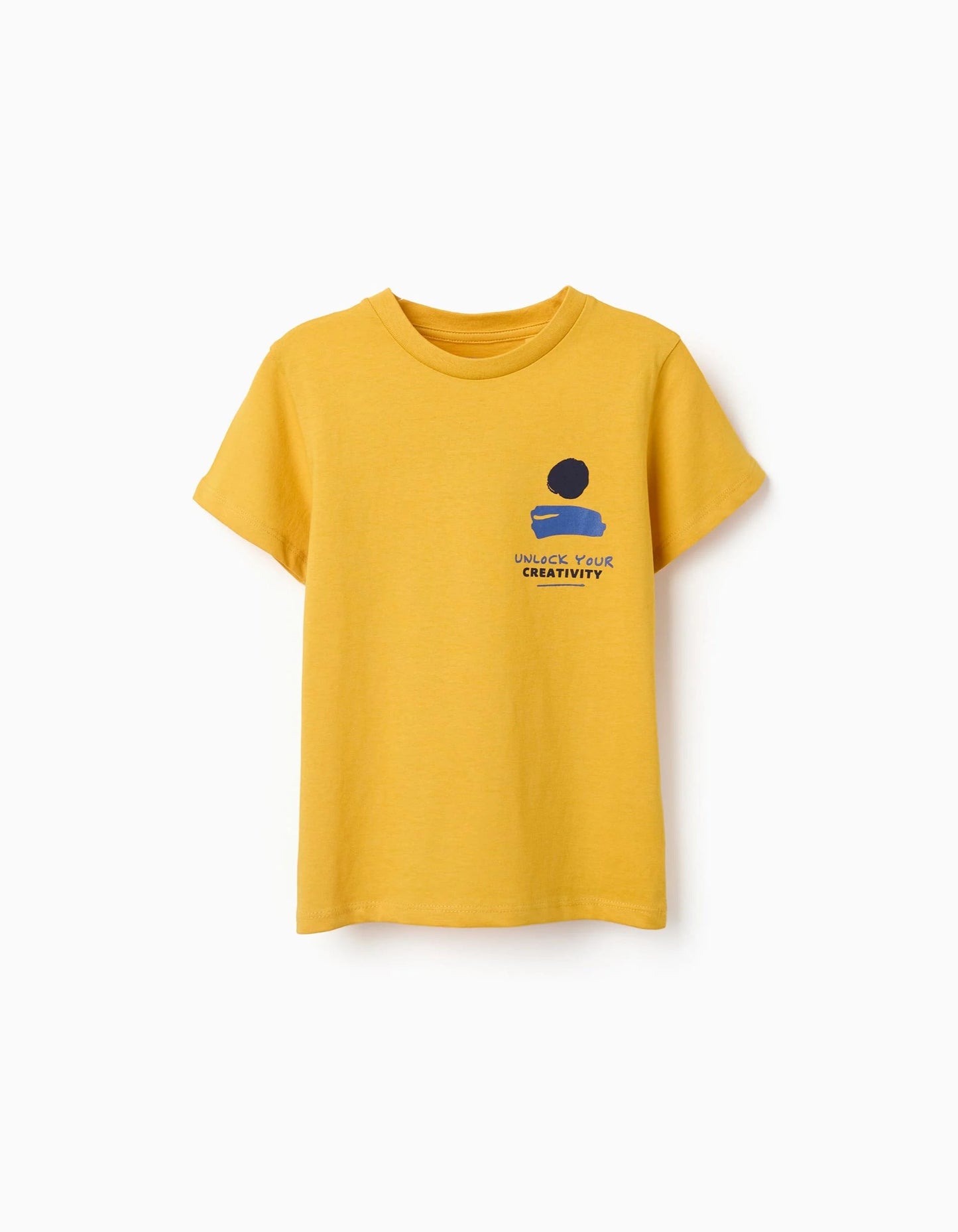Cotton T-shirt with Creativity print for boys, mustard yellow