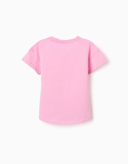 Cotton T-shirt with embossed floral print for girls, pink