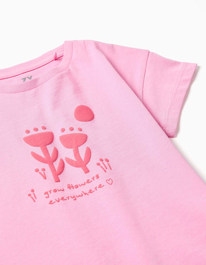 Cotton T-shirt with embossed floral print for girls, pink