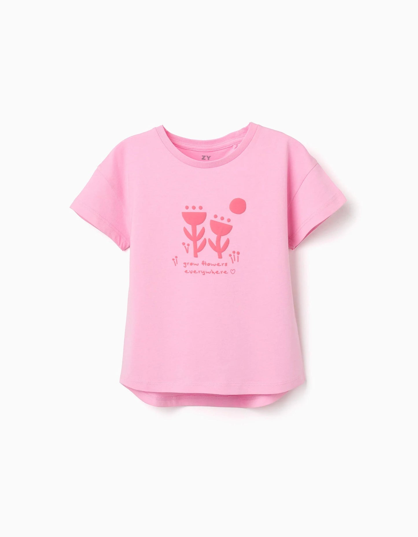 Cotton T-shirt with embossed floral print for girls, pink
