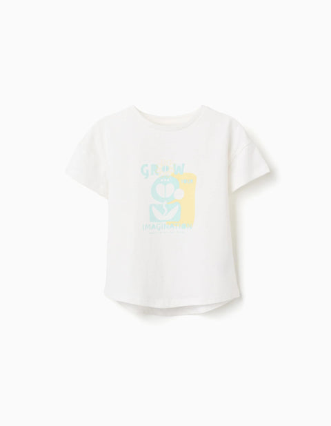 Cotton T-Shirt with Imagination Print for Girls, White
