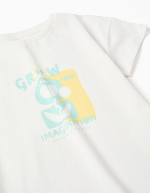 Cotton T-Shirt with Imagination Print for Girls, White