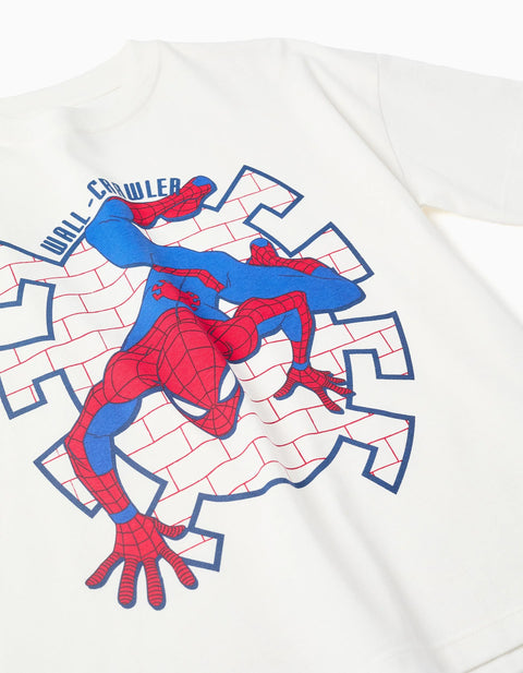 Cotton T-Shirt with Spider-Man Front Print for Boys, White