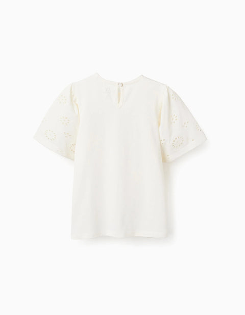 Cotton T-Shirt with Sleeves in Broderie Anglaise for Girls, Light Beige