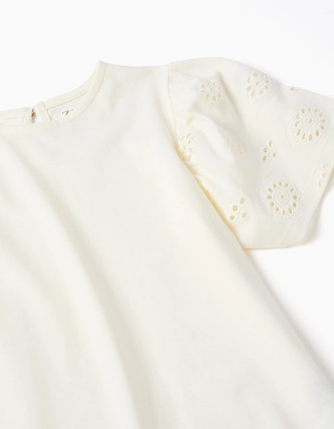 Cotton T-Shirt with Sleeves in Broderie Anglaise for Girls, Light Beige
