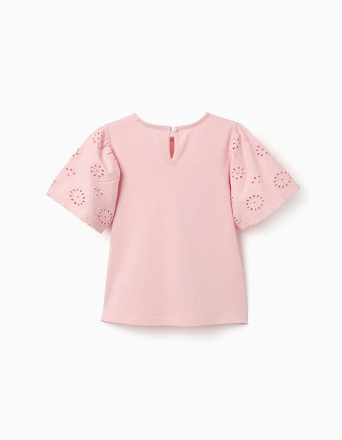 Cotton T-Shirt with Sleeves in Broderie Anglaise for Girls, Pink