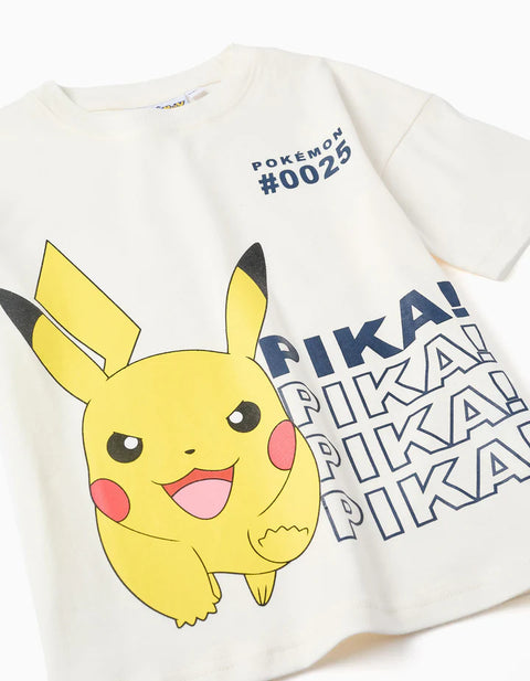 Cotton T-Shirt with Pikachu Front Print for Boys, White