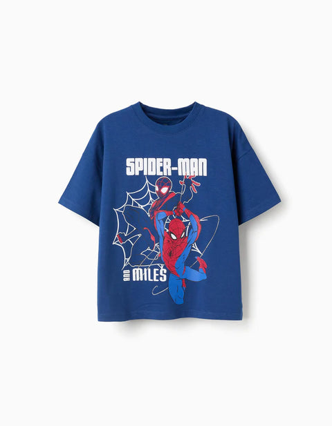 Cotton T-Shirt with Spider-Man Front Print for Boys, Blue