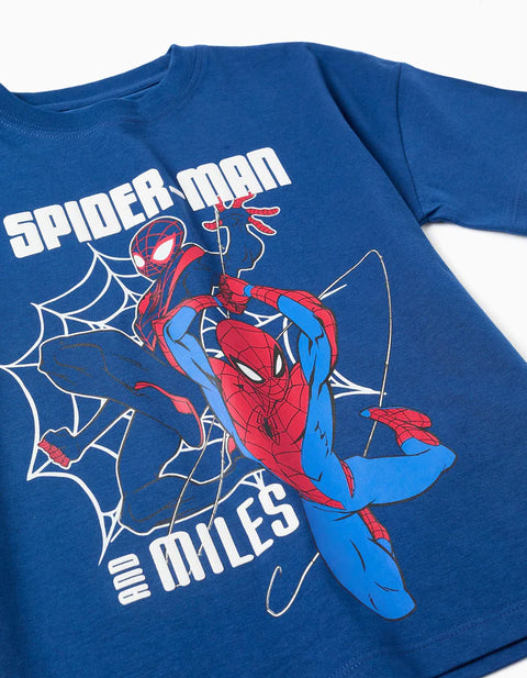 Cotton T-Shirt with Spider-Man Front Print for Boys, Blue