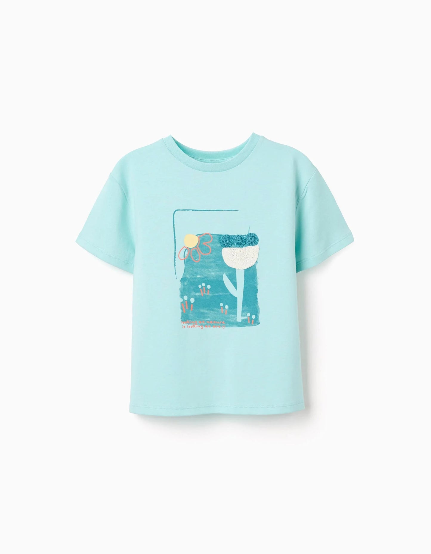 Cotton T-shirt with print and crochet application for girls, light blue