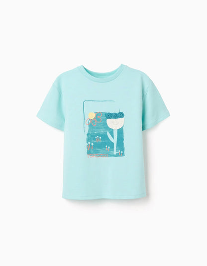 Cotton T-shirt with print and crochet application for girls, light blue