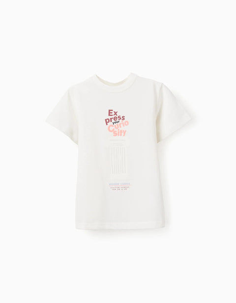 Cotton T-Shirt with Curiosity Front Print for Boys, White