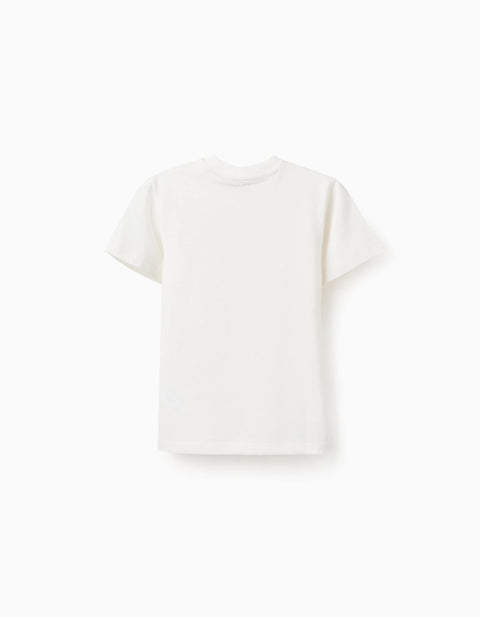 Cotton T-Shirt with Curiosity Front Print for Boys, White
